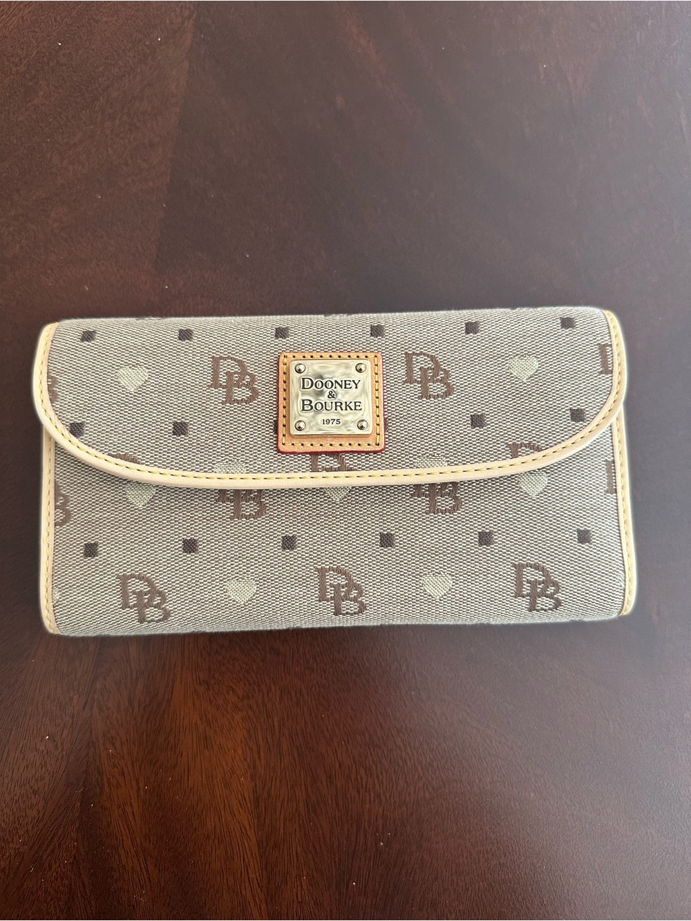 Dooney & Bourke Gray and Brown Logo Continental Wallet with Cream Trim